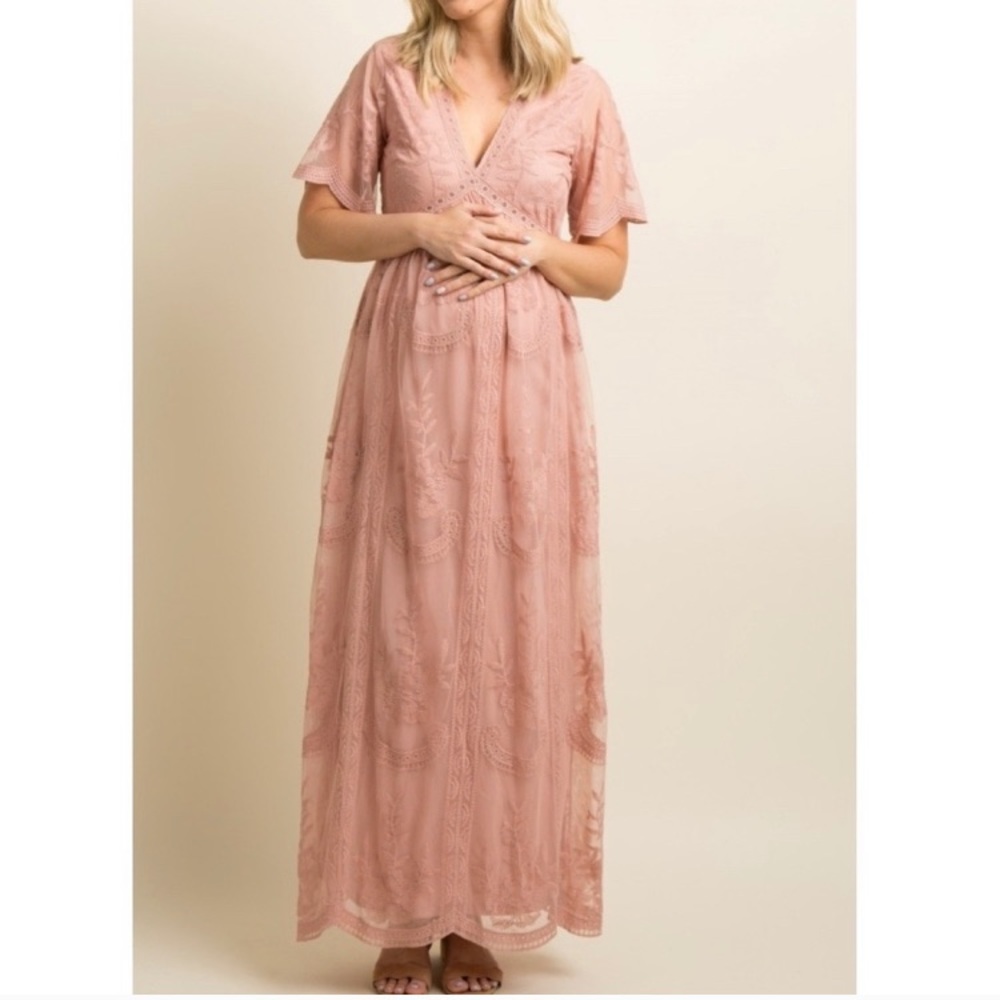 Light Pink Lace Mesh Overlay Maternity Maxi Dress